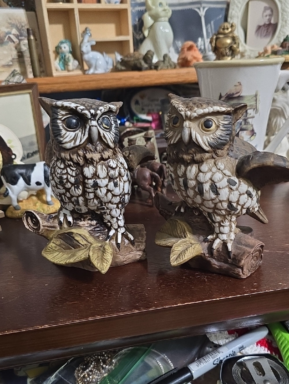 Homco Brown and Cream Ceramic Owl Pair on Branches